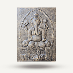 Ganpati Mare, Cadru din Ciment Fibroros, Relief din Aur Antic - 0,7x1m